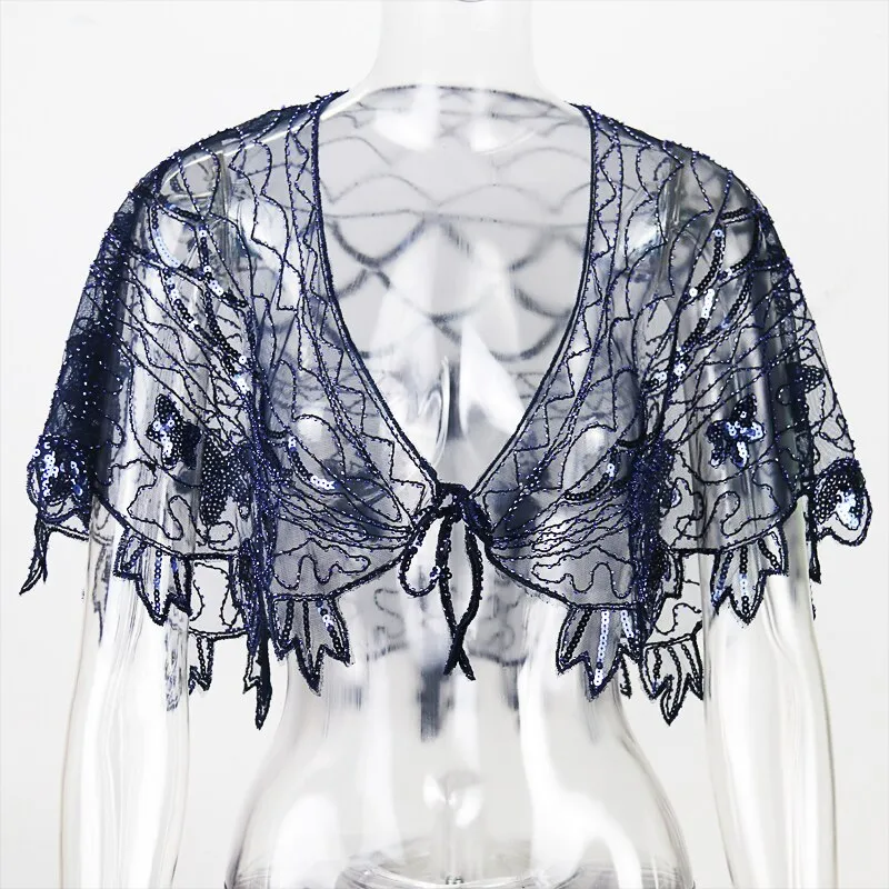 1920s Shawl Wraps See-through Mesh Sequin Beaded Evening Cape Bridal Sheer Bolero Flapper Party Cover Up