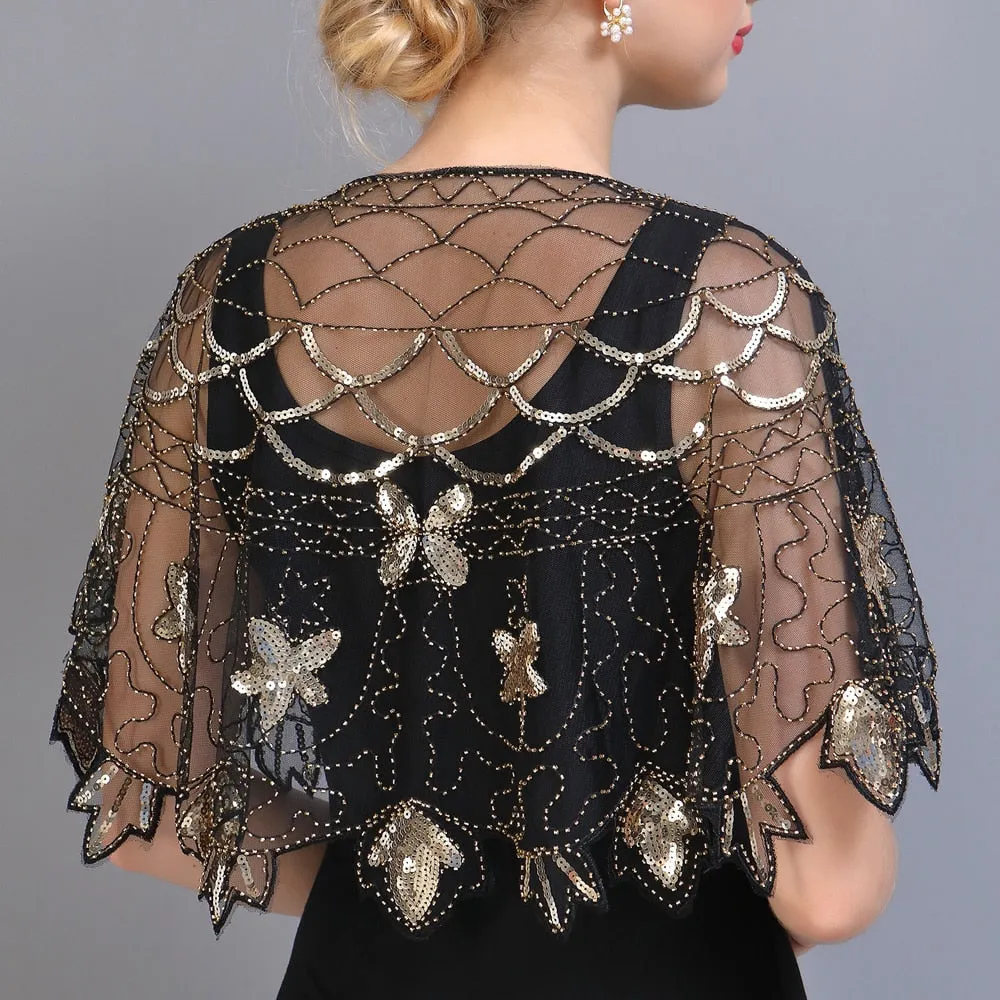 1920s Shawl Wraps See-through Mesh Sequin Beaded Evening Cape Bridal Sheer Bolero Flapper Party Cover Up