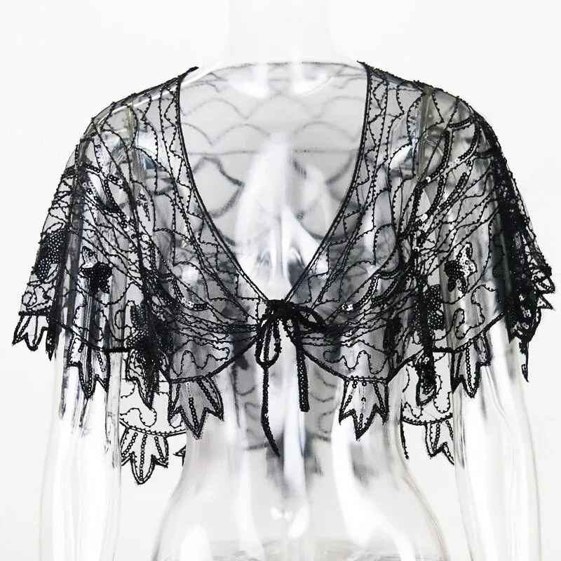 1920s Shawl Wraps See-through Mesh Sequin Beaded Evening Cape Bridal Sheer Bolero Flapper Party Cover Up