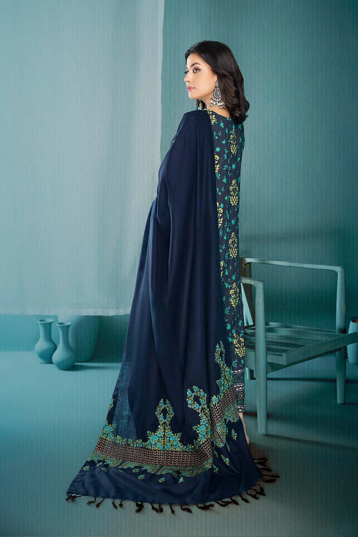 3-Pc Digital Printed Viscose Long Shirt With Pashmina Shawl and Straight Trouser CPM22-123-S