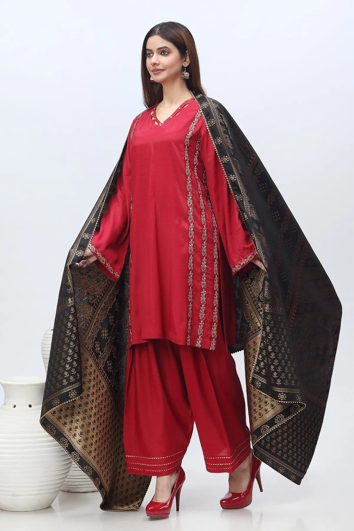 3-PC Embroidered Raw-Silk Shirt with Staple Jacquard Shawl with Trouser CMA-3-281