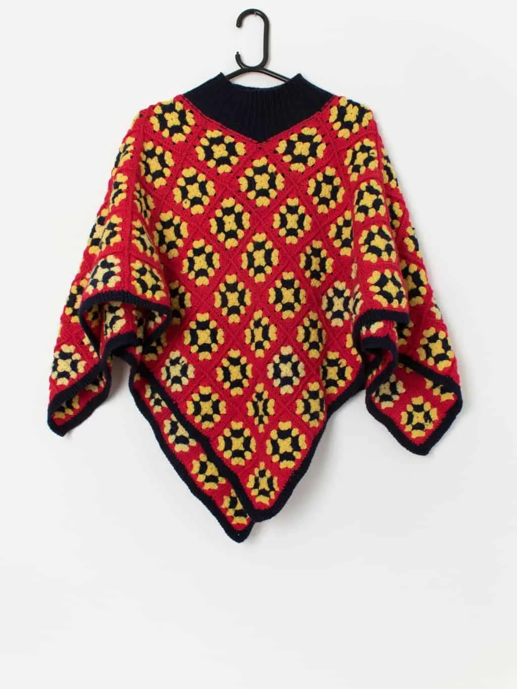 70s vintage bright red crochet poncho, handmade – One size