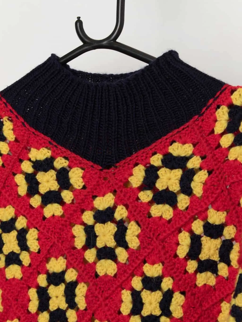 70s vintage bright red crochet poncho, handmade – One size