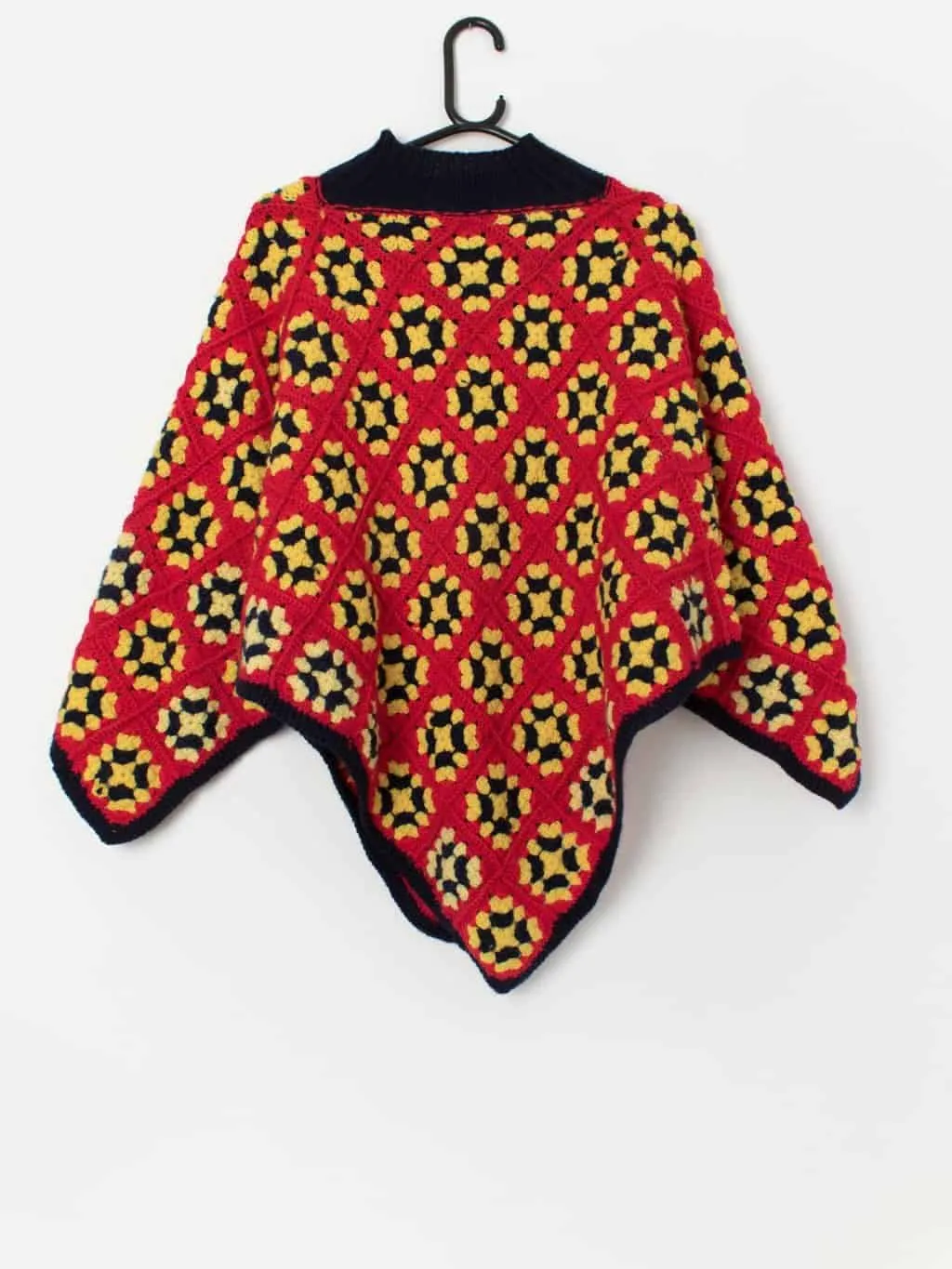 70s vintage bright red crochet poncho, handmade – One size