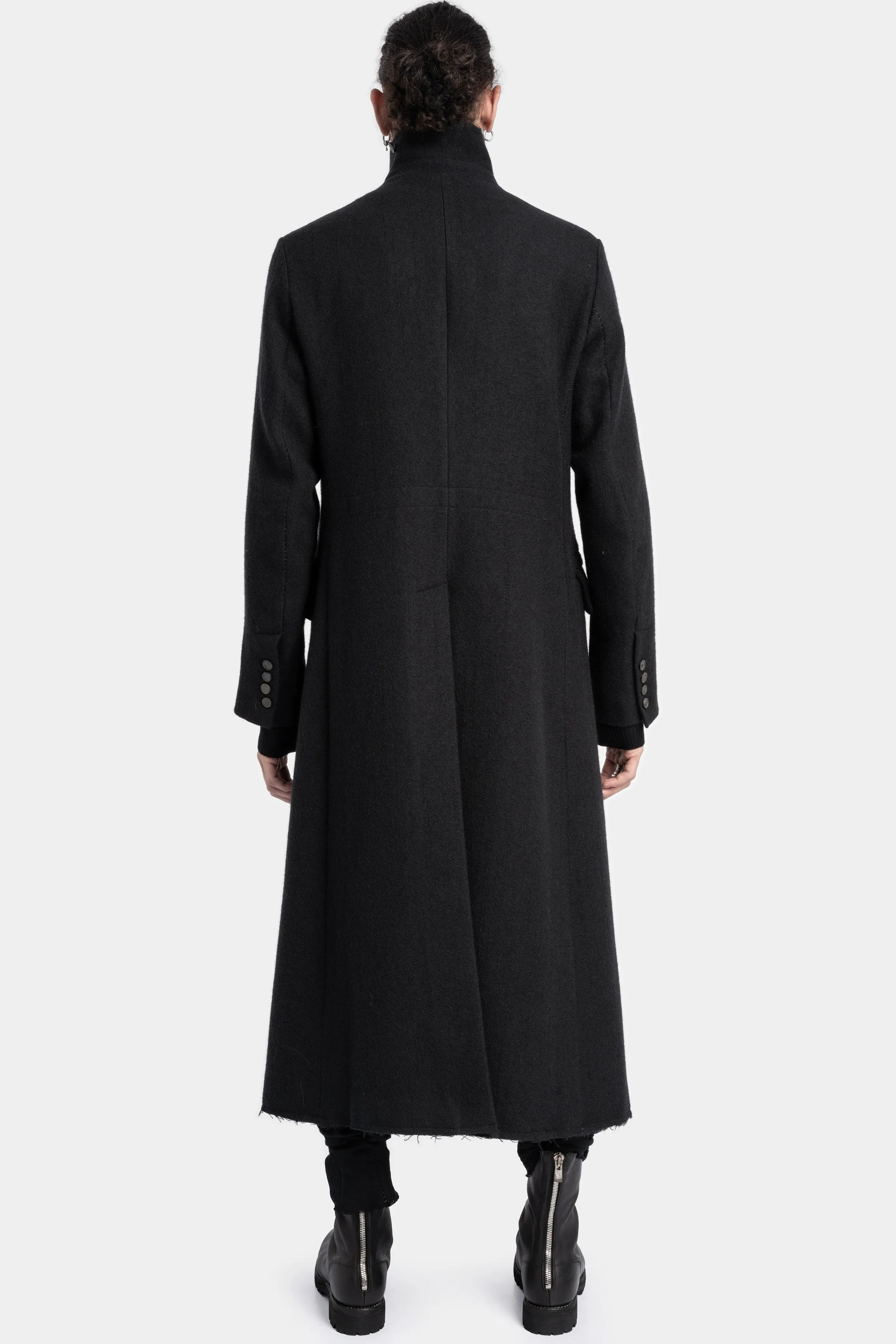 Asymmetrical buttoned high neck wool coat