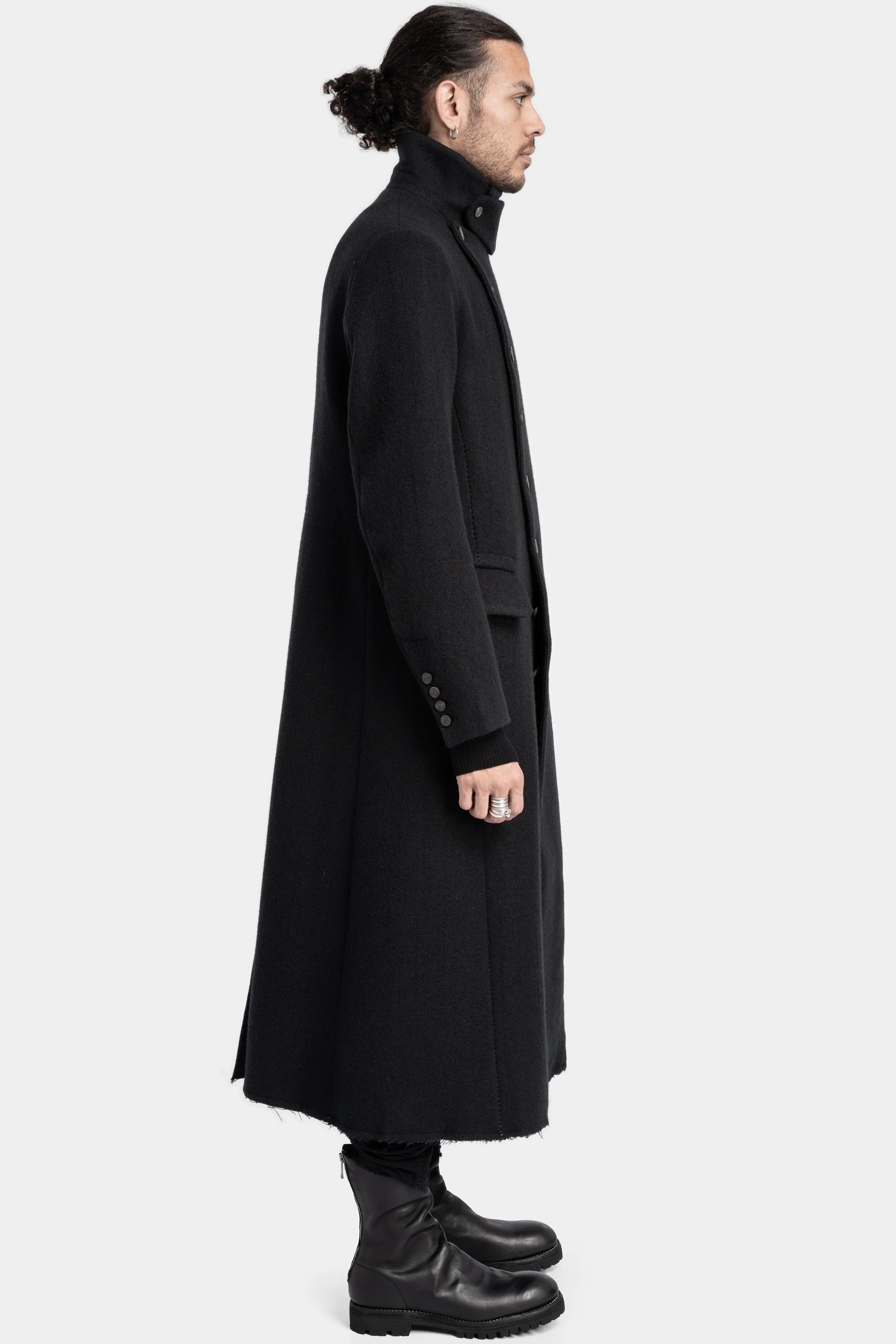 Asymmetrical buttoned high neck wool coat