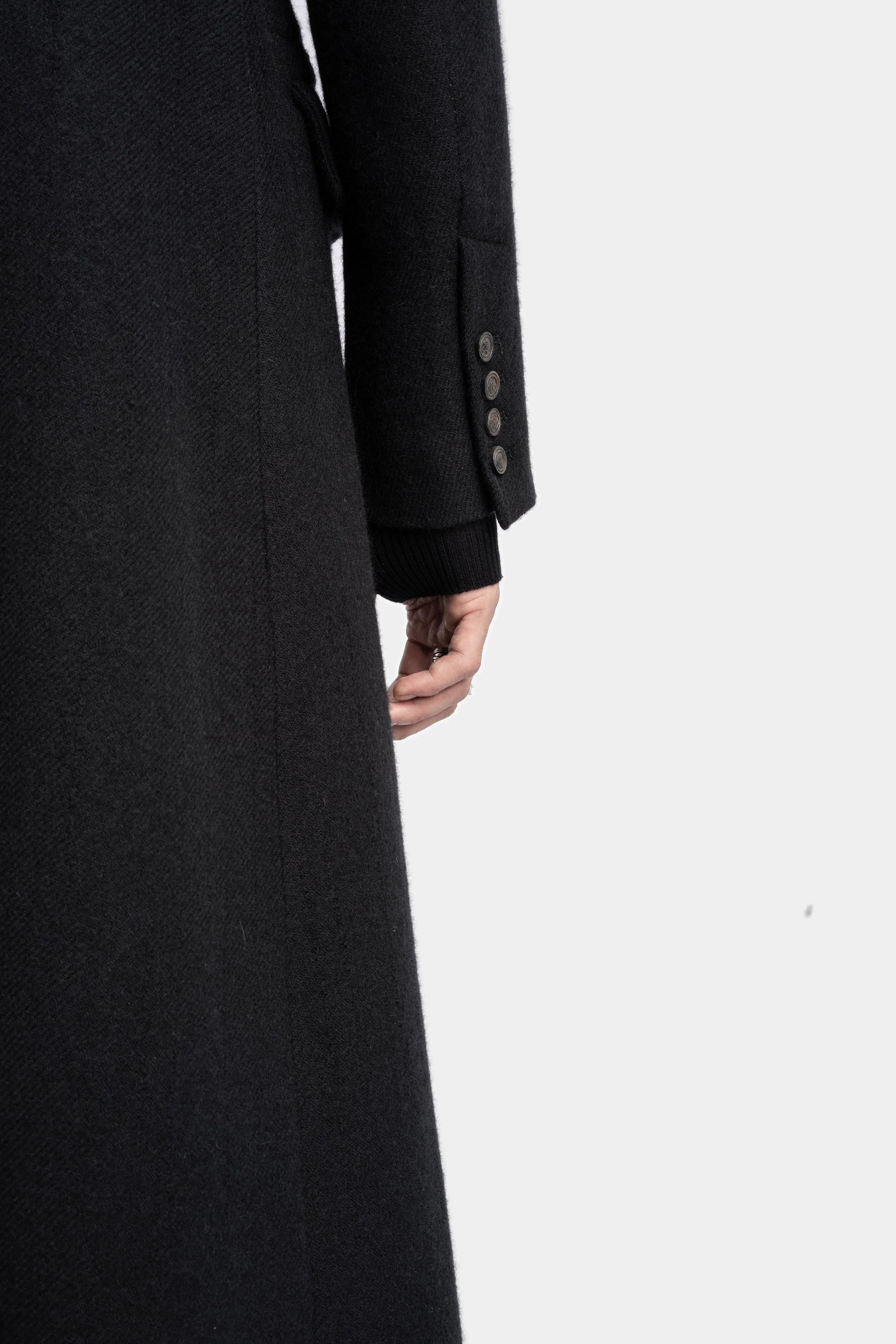 Asymmetrical buttoned high neck wool coat