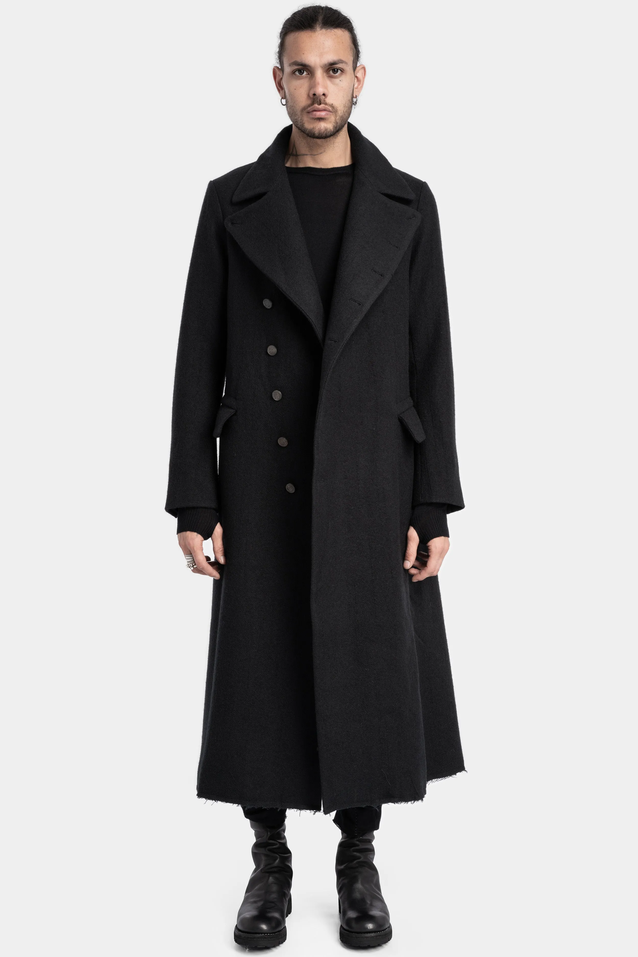 Asymmetrical buttoned high neck wool coat