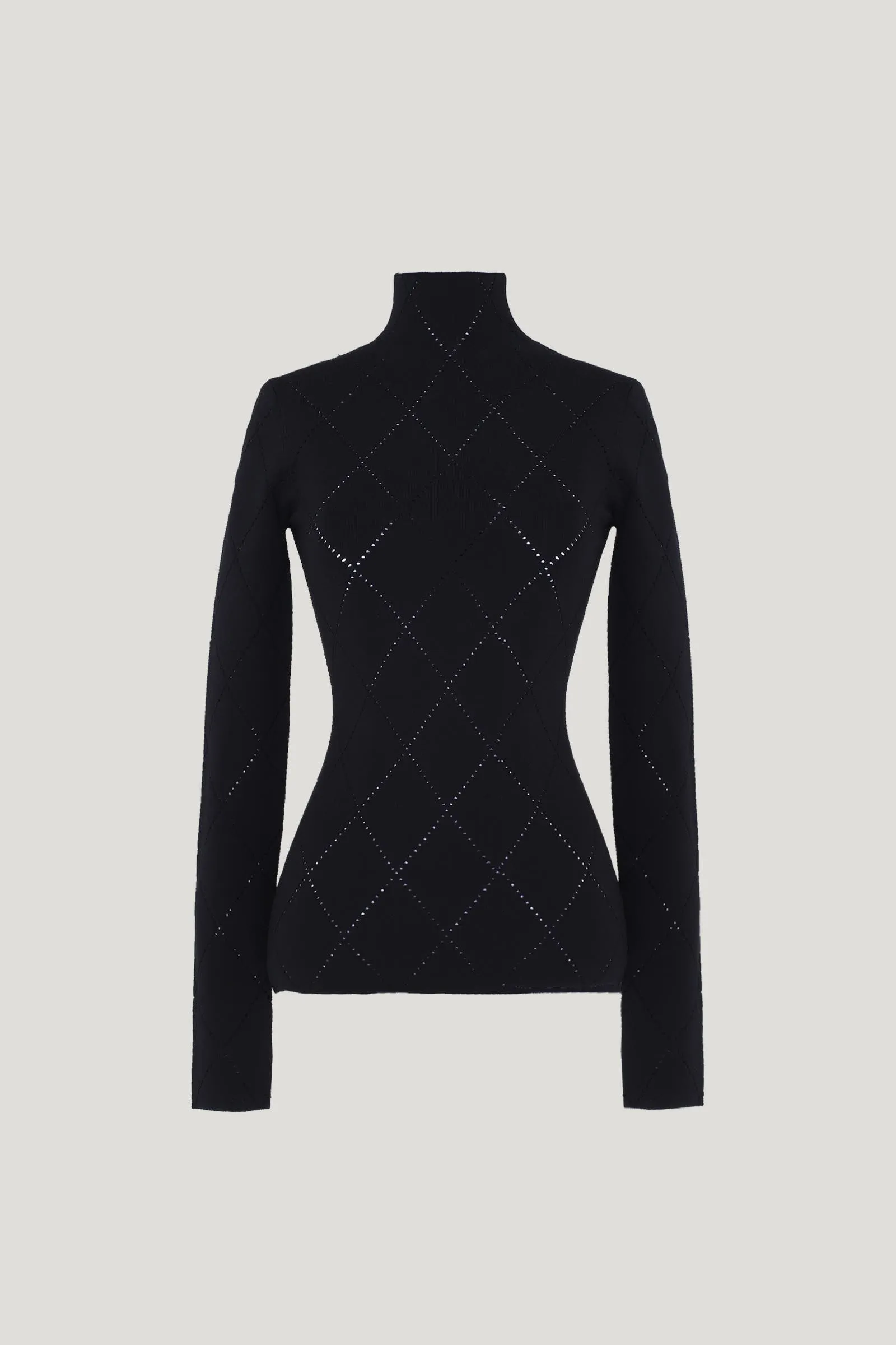 Black Pointelle Diamonds Turtleneck Top