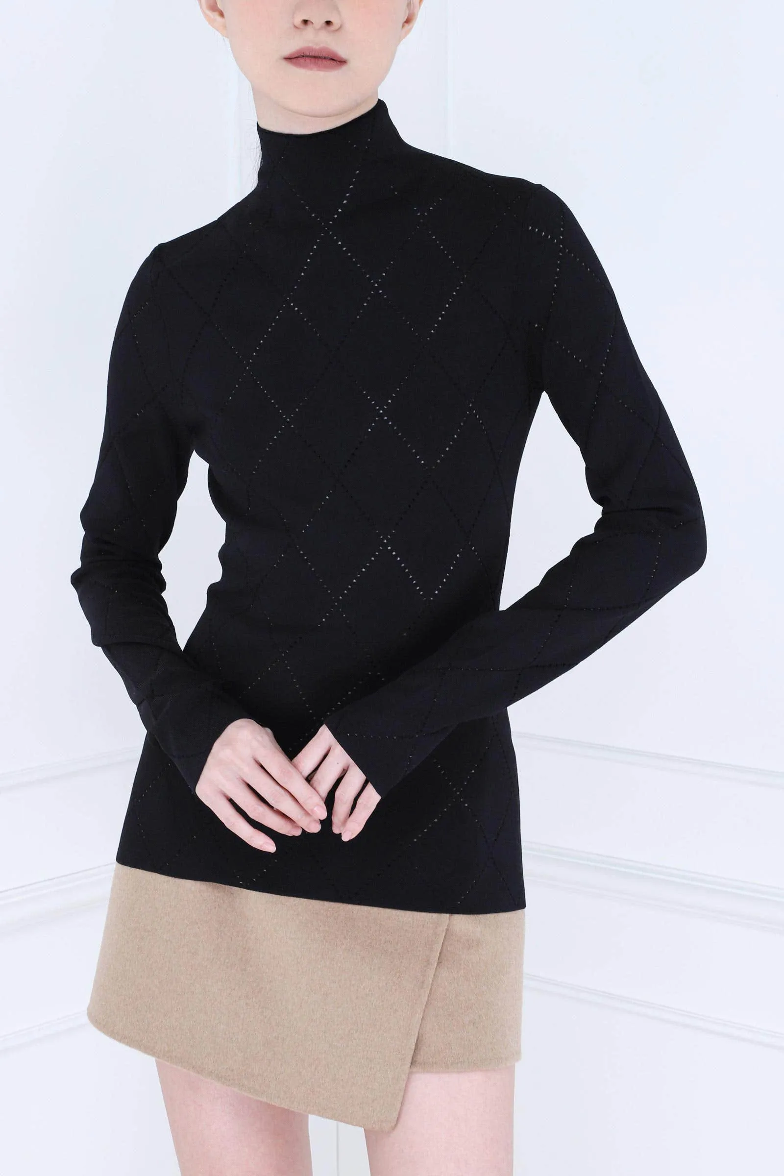 Black Pointelle Diamonds Turtleneck Top