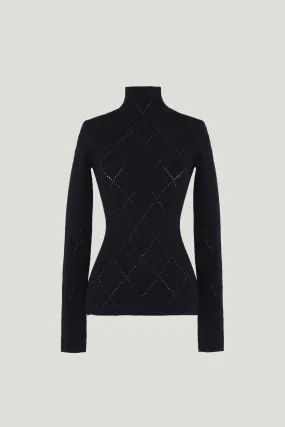 Black Pointelle Diamonds Turtleneck Top