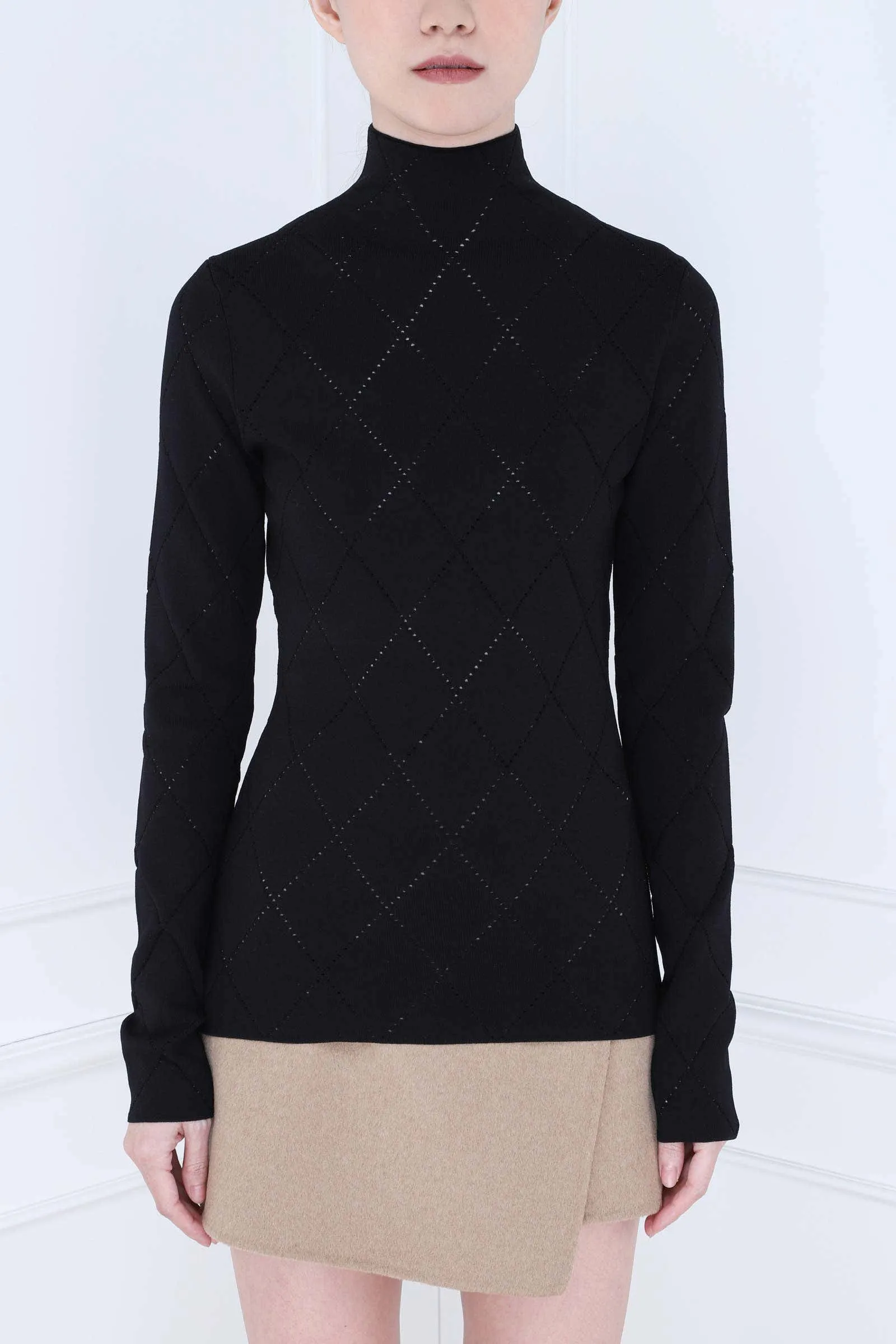 Black Pointelle Diamonds Turtleneck Top