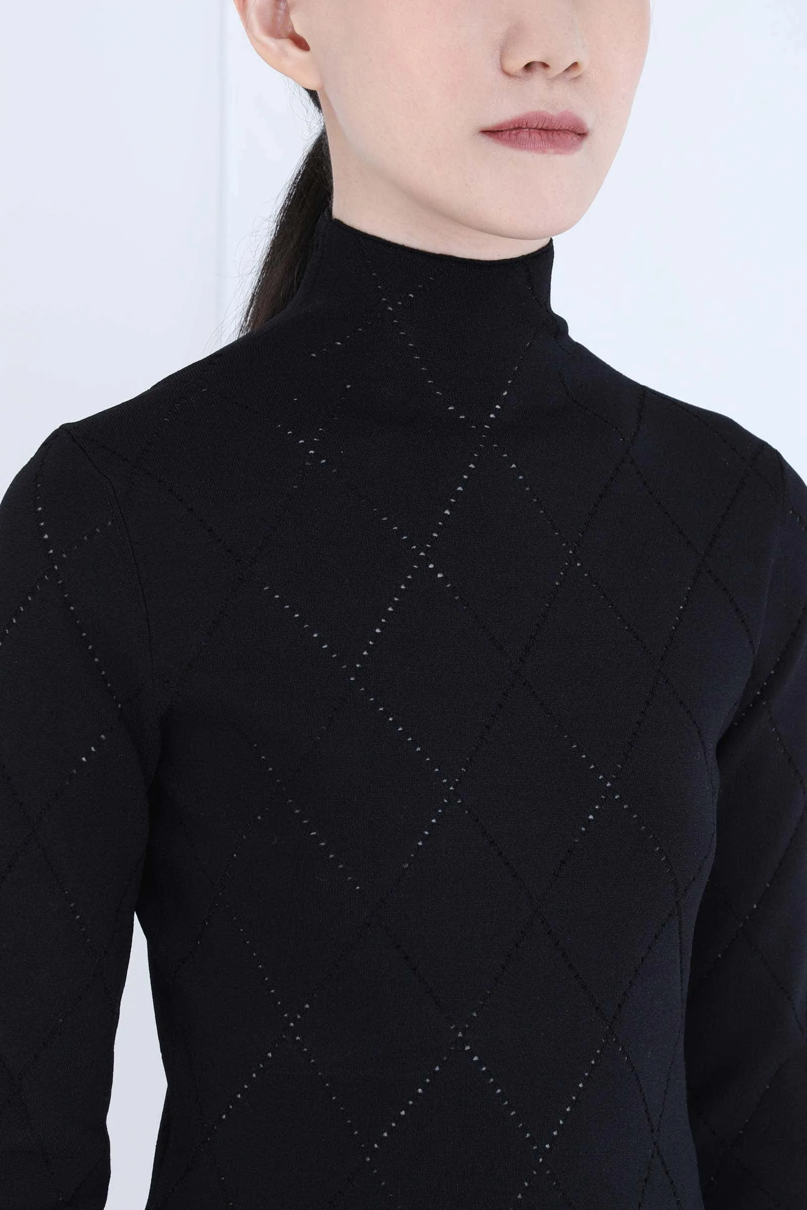 Black Pointelle Diamonds Turtleneck Top