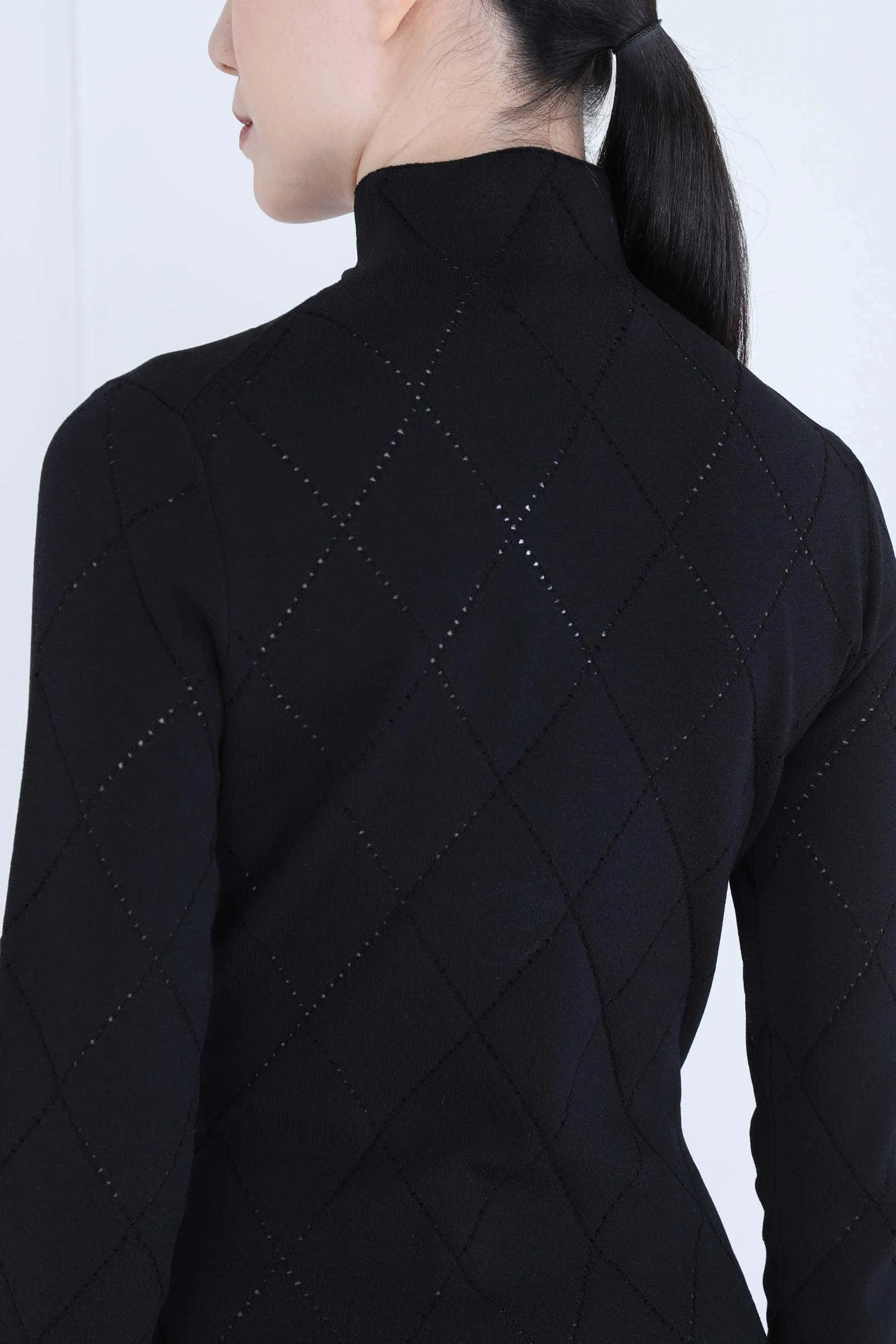 Black Pointelle Diamonds Turtleneck Top