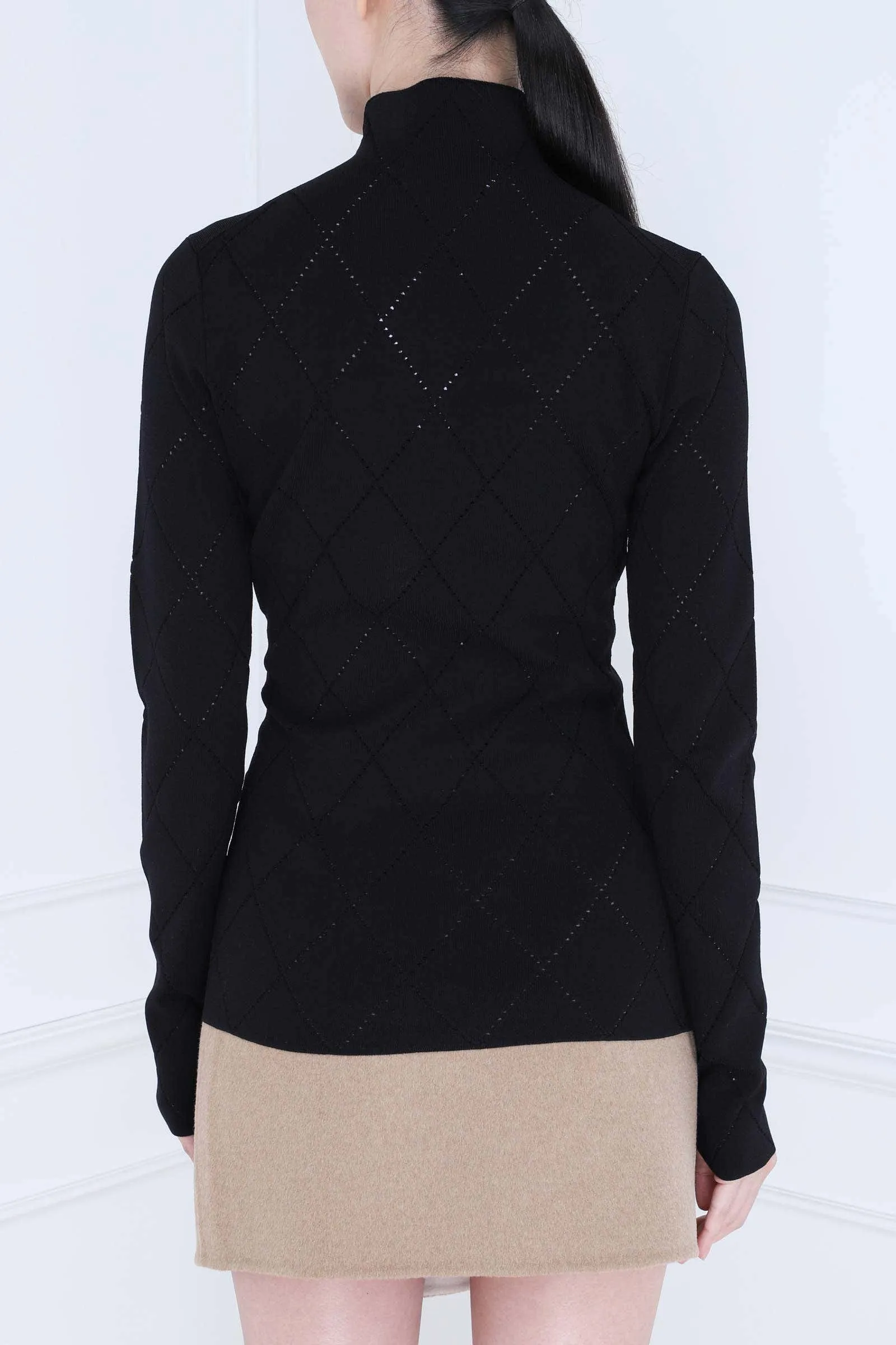 Black Pointelle Diamonds Turtleneck Top