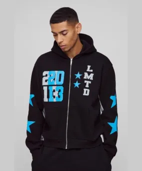 boohoo Mens Oversized Boxy Ltd Edt Varsity Printed Zip Through Hoodie