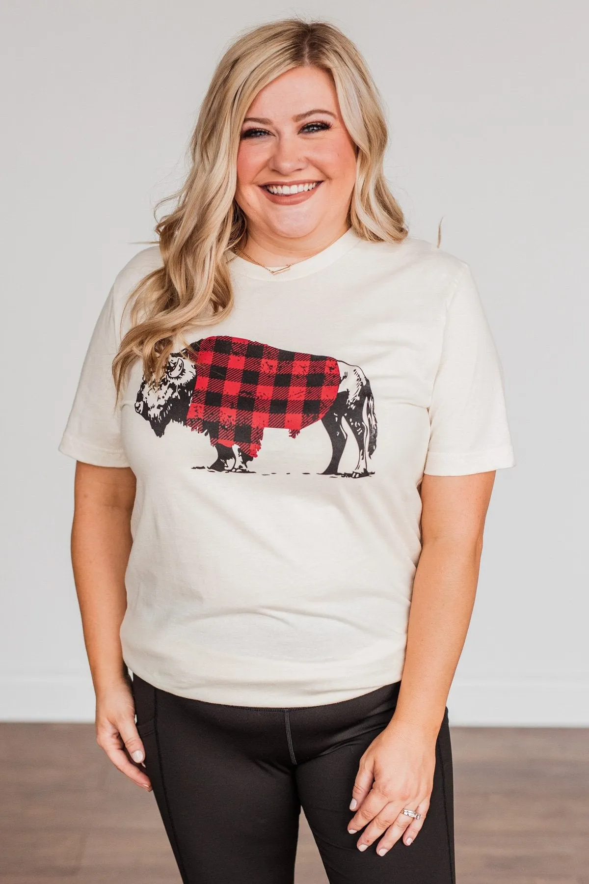 Buffalo Wearing Buffalo Plaid Graphic Tee- Cream