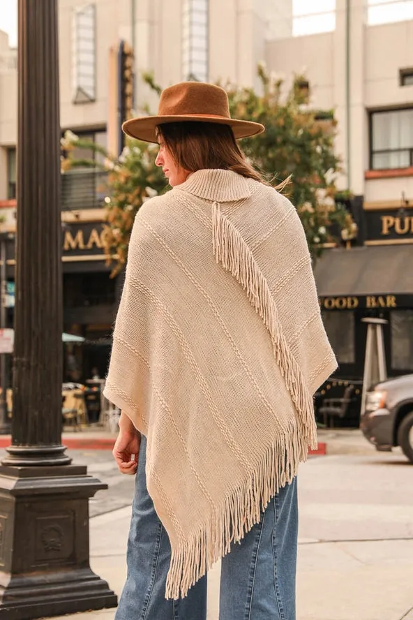 Button Neck Fringe Poncho Oatmeal