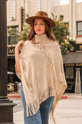 Button Neck Fringe Poncho Oatmeal