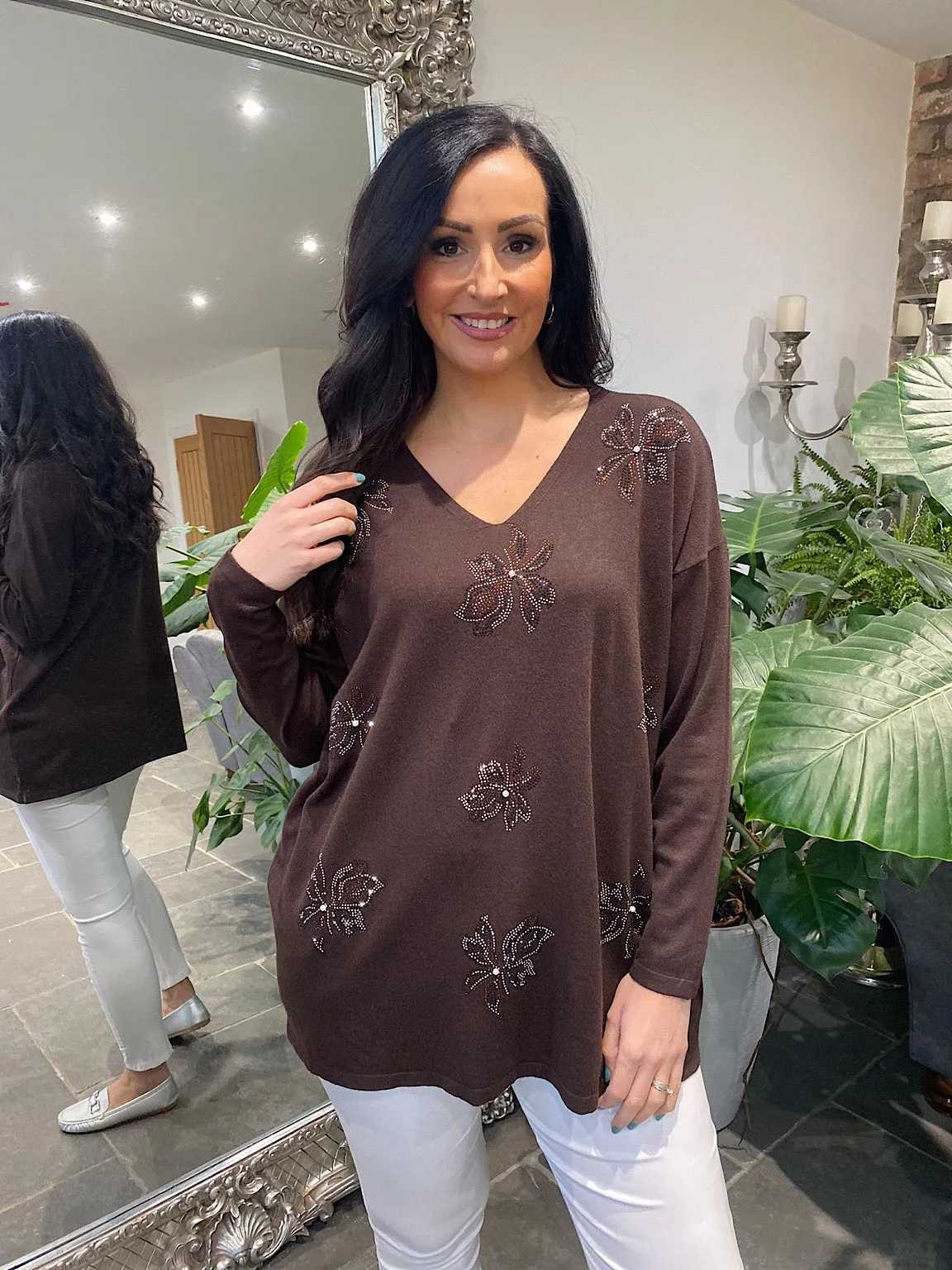 Chocolate Embellished Flower Knit Joanna