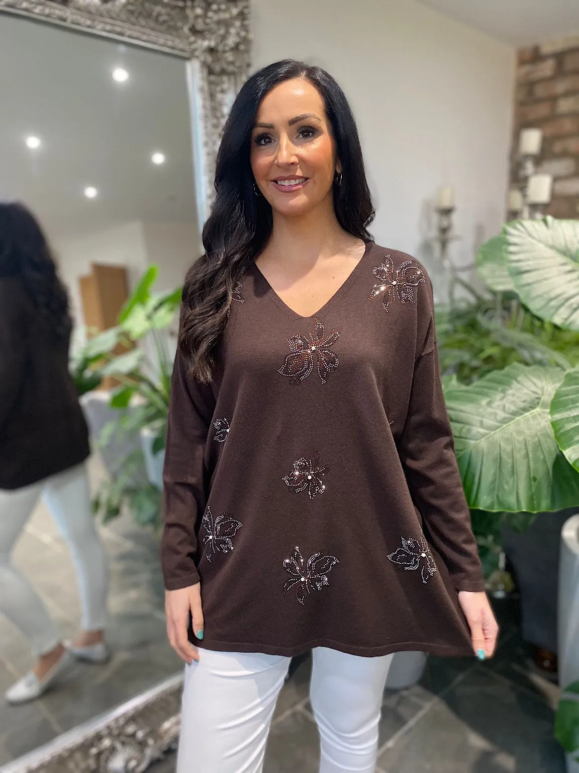 Chocolate Embellished Flower Knit Joanna