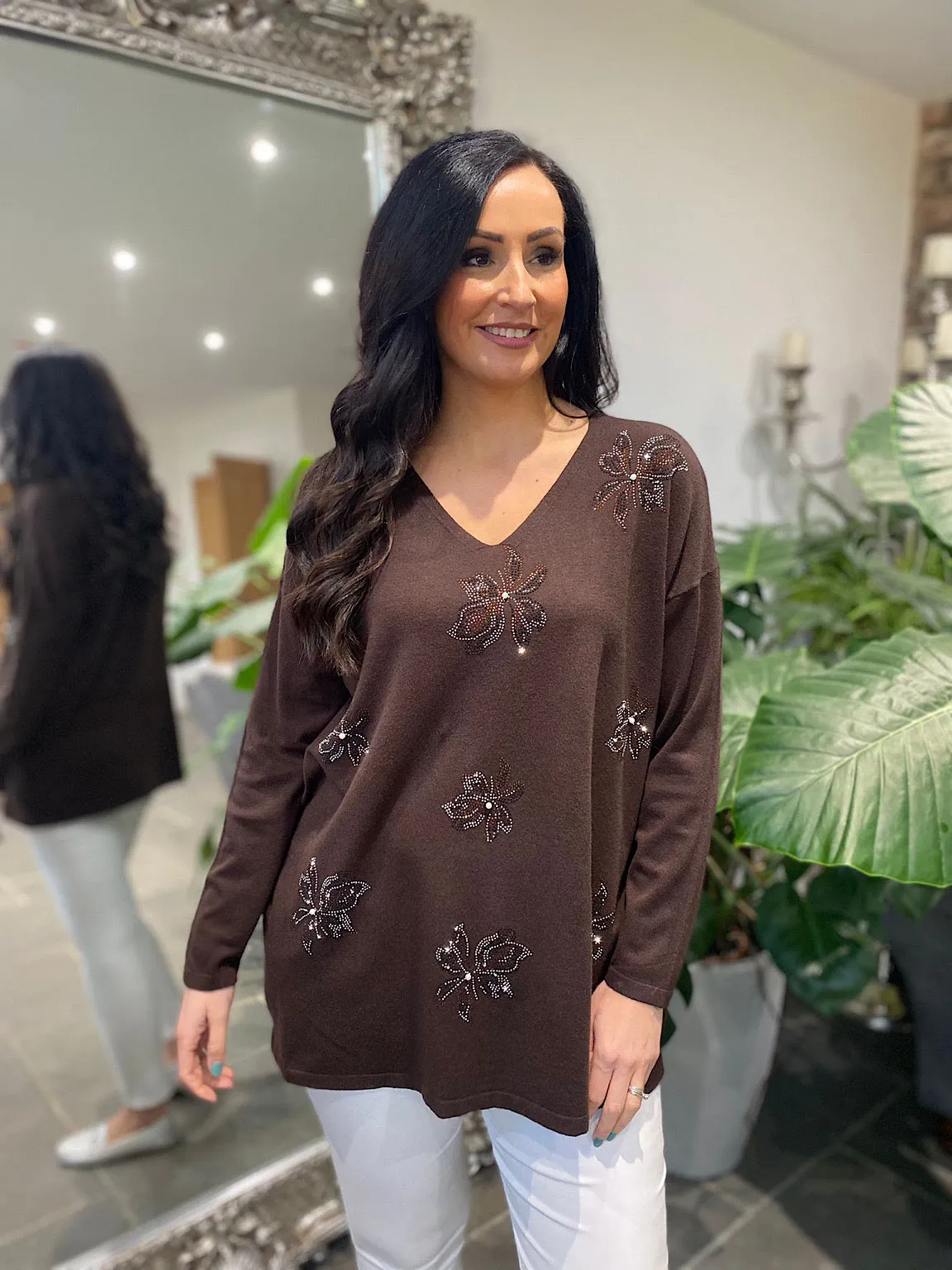 Chocolate Embellished Flower Knit Joanna