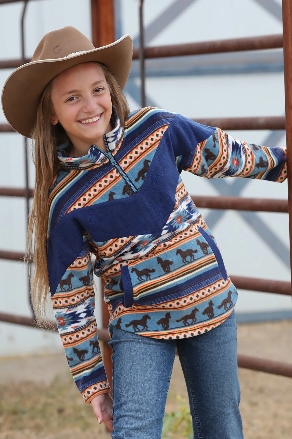 Cinch Girls Aztec Navy 1/4 Zip Horse Print  Pullover