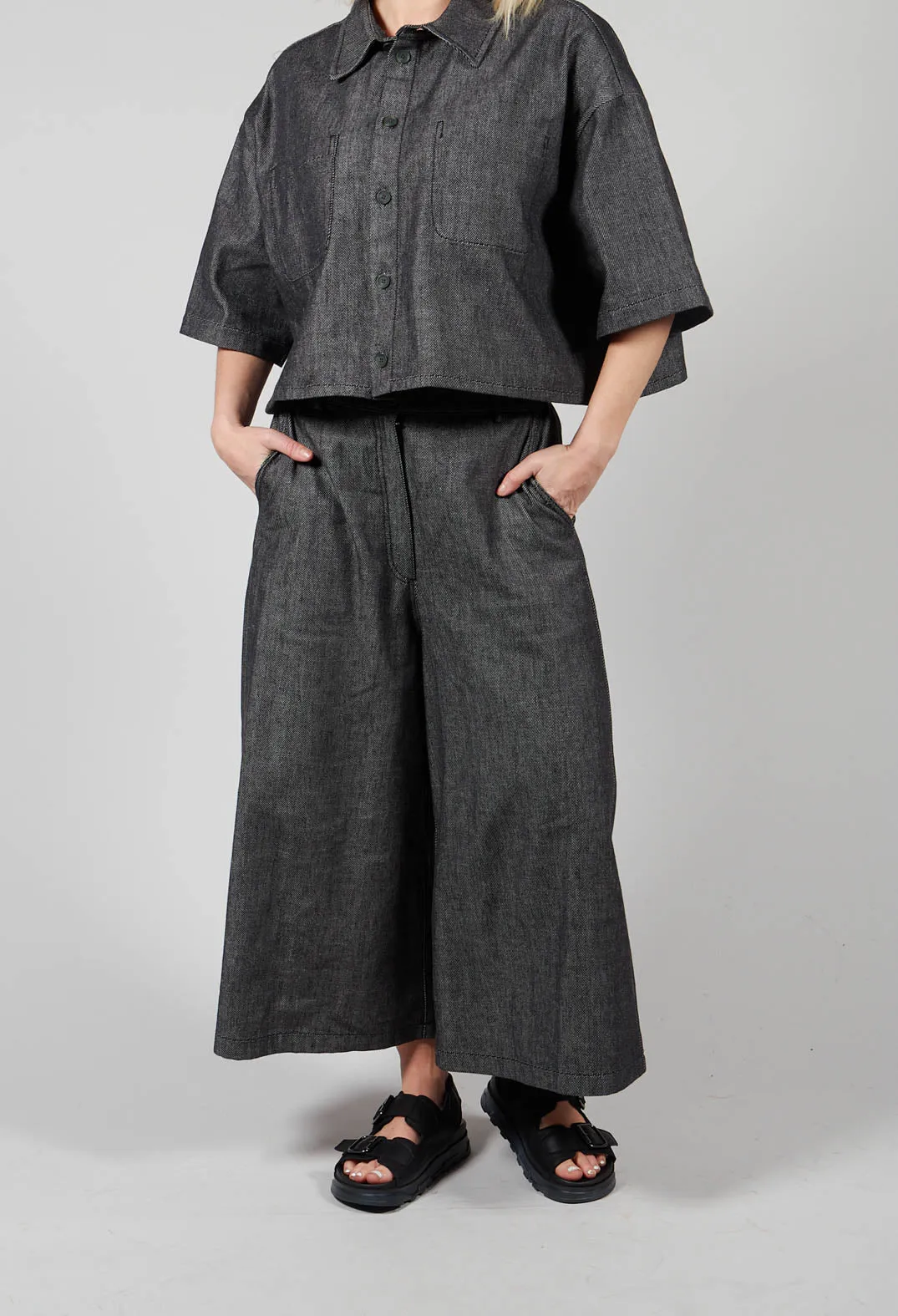 Contrast Stitch Wide Culottes in Dark Blue