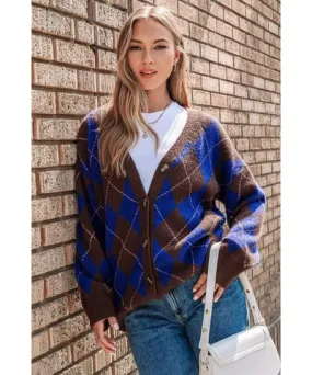 Cupshe Brown & Blue Argyle Button Up Cardigan