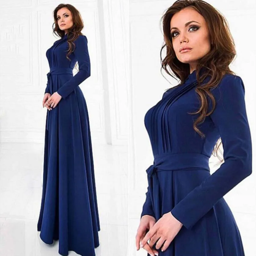 Dress Party Evening Elegant Long Sleeve Slim Dress Maxi Dress Solid Blue Dress Vestidos De Festa Vestido Longo#C805 SM6