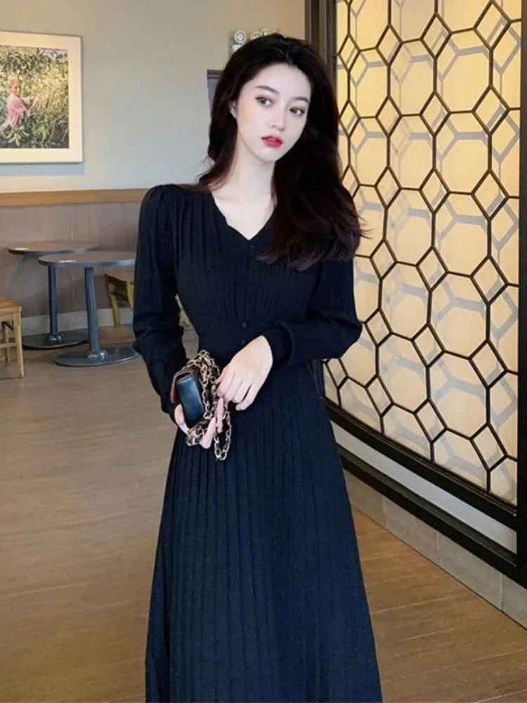 Elegant and Pretty Dresses Korean Fashion Knitwear Long Sleeve V-neck