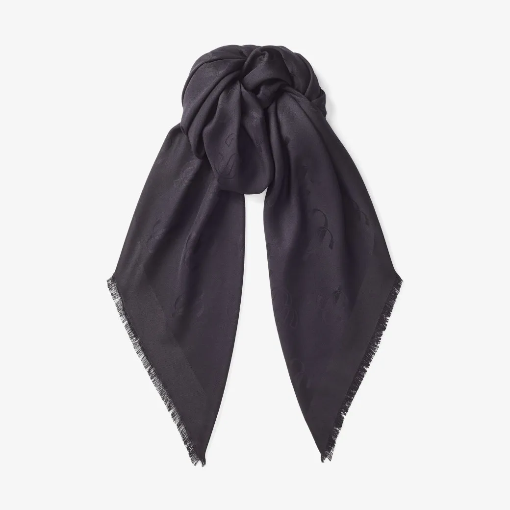 Emani Black Silk and Wool Jacquard Shawl