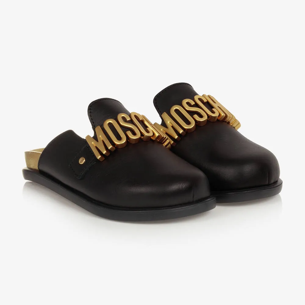 Girls Black & Gold Logo Leather Mules