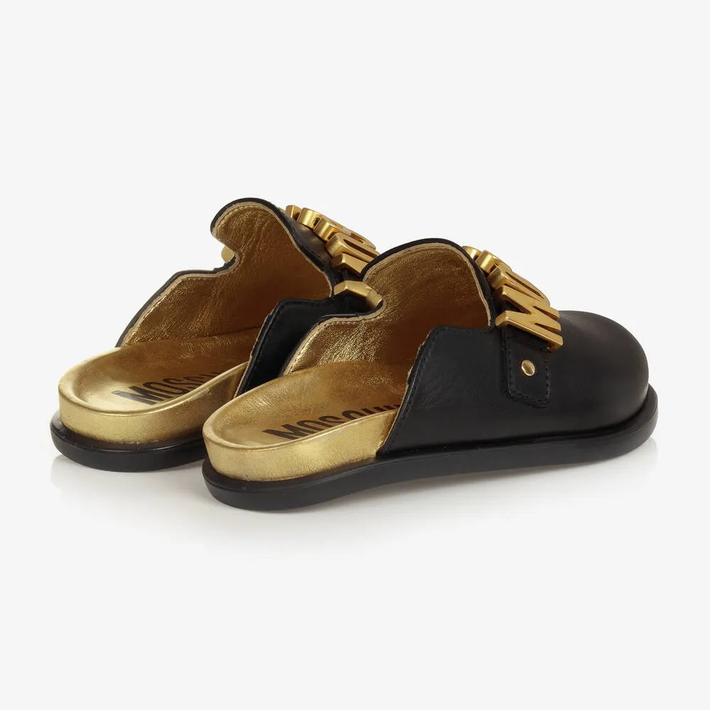 Girls Black & Gold Logo Leather Mules