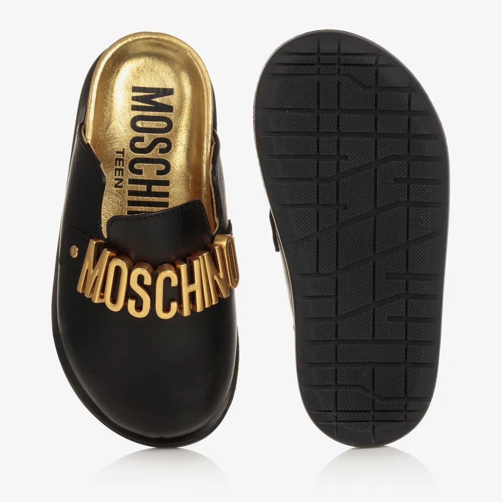 Girls Black & Gold Logo Leather Mules