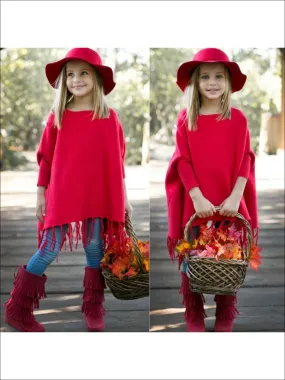 Girls Red Fringe Poncho