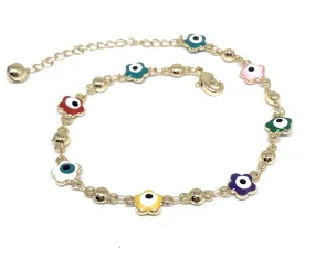 Gold Plated Evil Eye Flower Shape Ankle Bracelet 8-11”