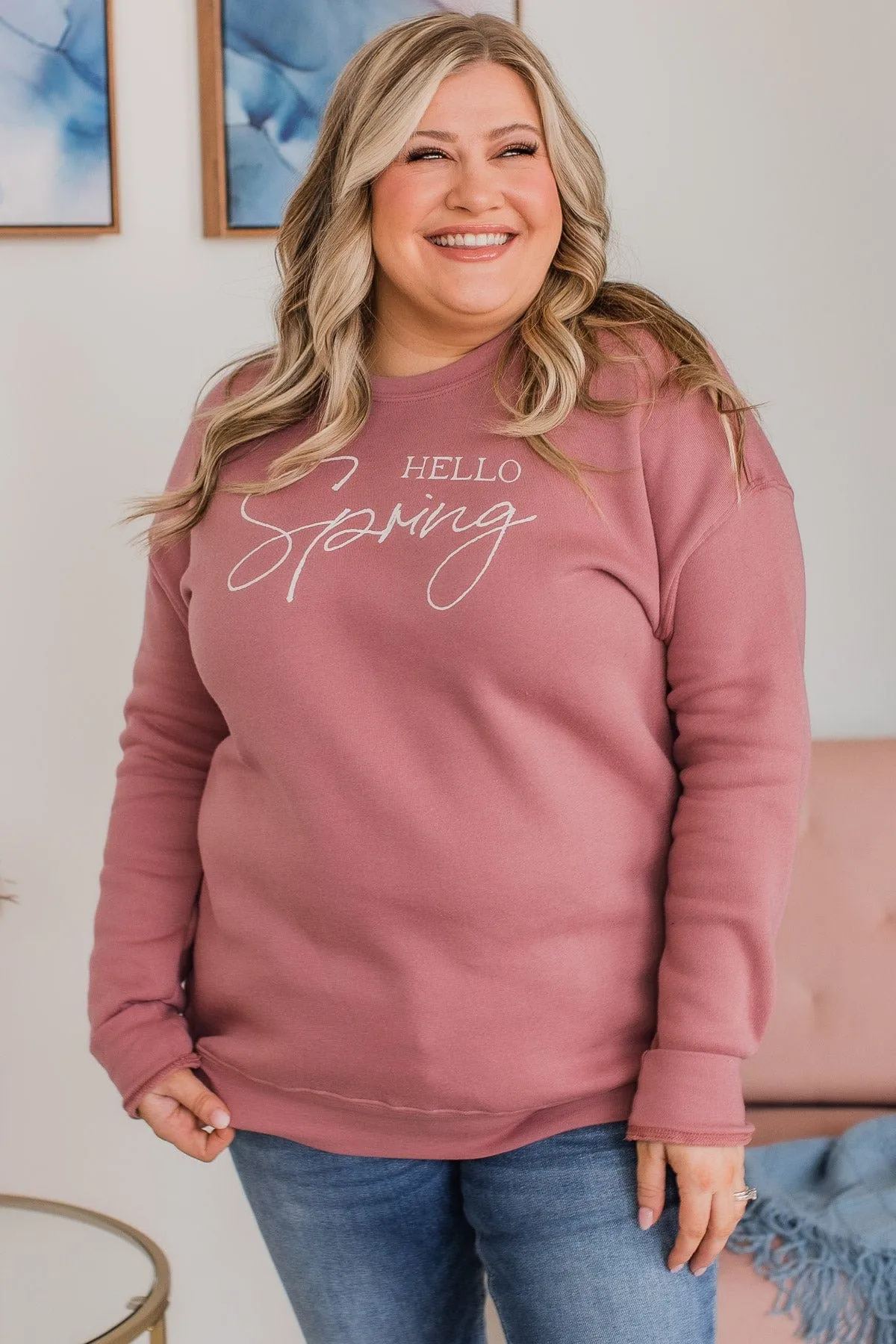 Hello Spring Graphic Crew Neck Pullover- Mauve