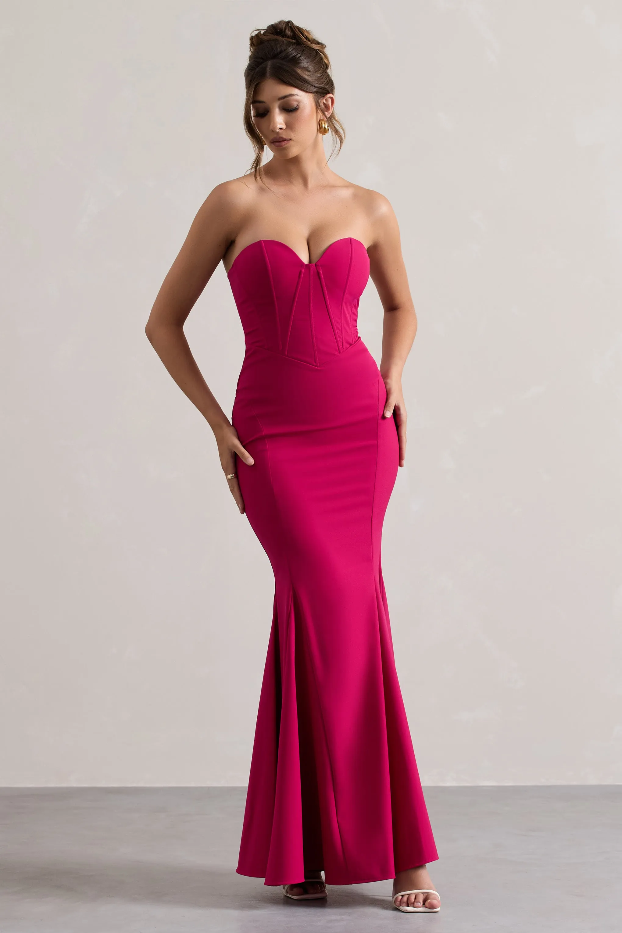 Idyllic | Hot Pink Strapless Corset Style Fishtail Maxi Dress