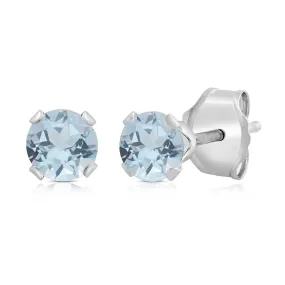 Jewelili 10K White Gold 6 MM Round Aquamarine Stud Earrings