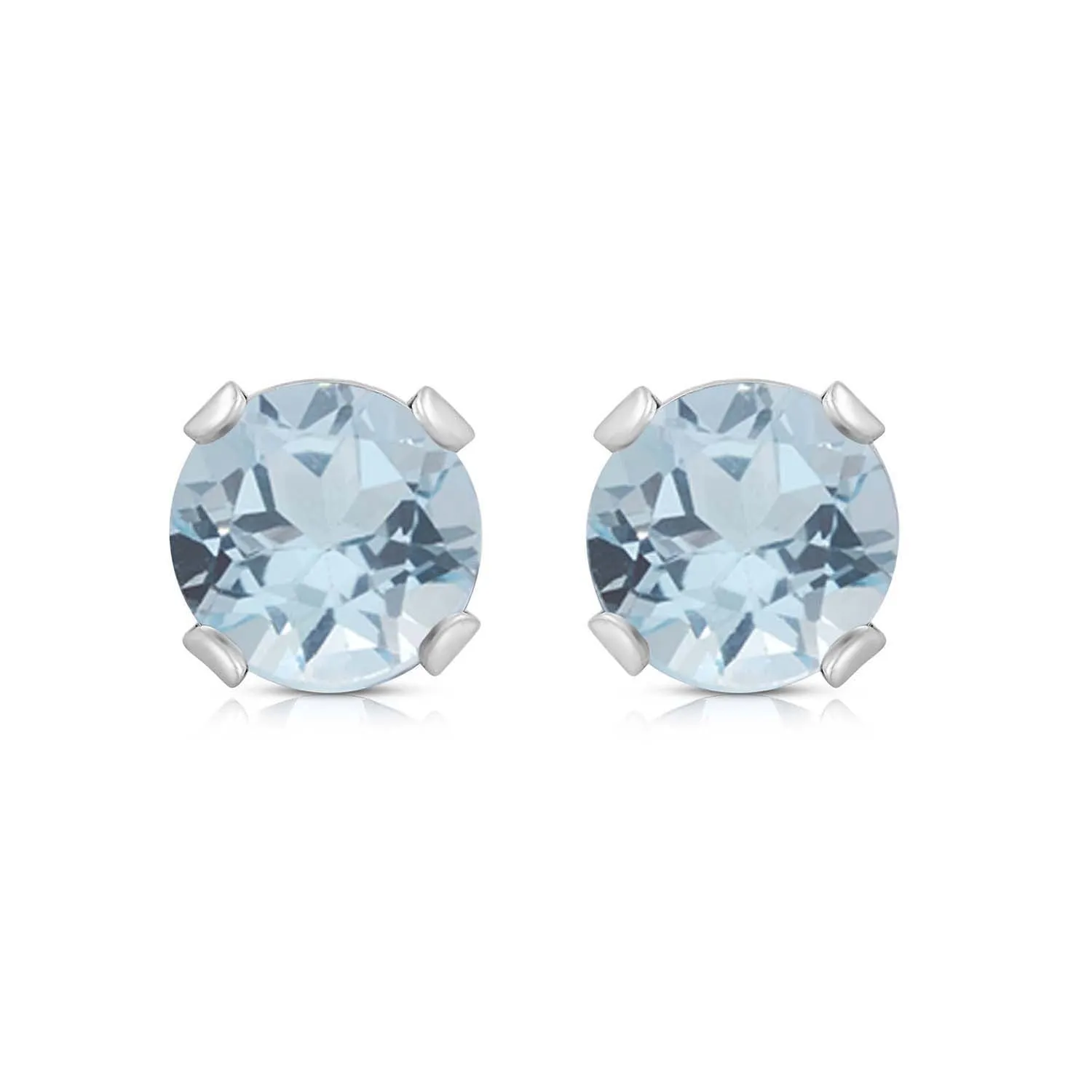 Jewelili 10K White Gold 6 MM Round Aquamarine Stud Earrings