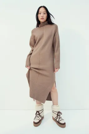 Knitted turtleneck dress - Turtleneck - Long sleeve - Brown - Ladies | H&M GB