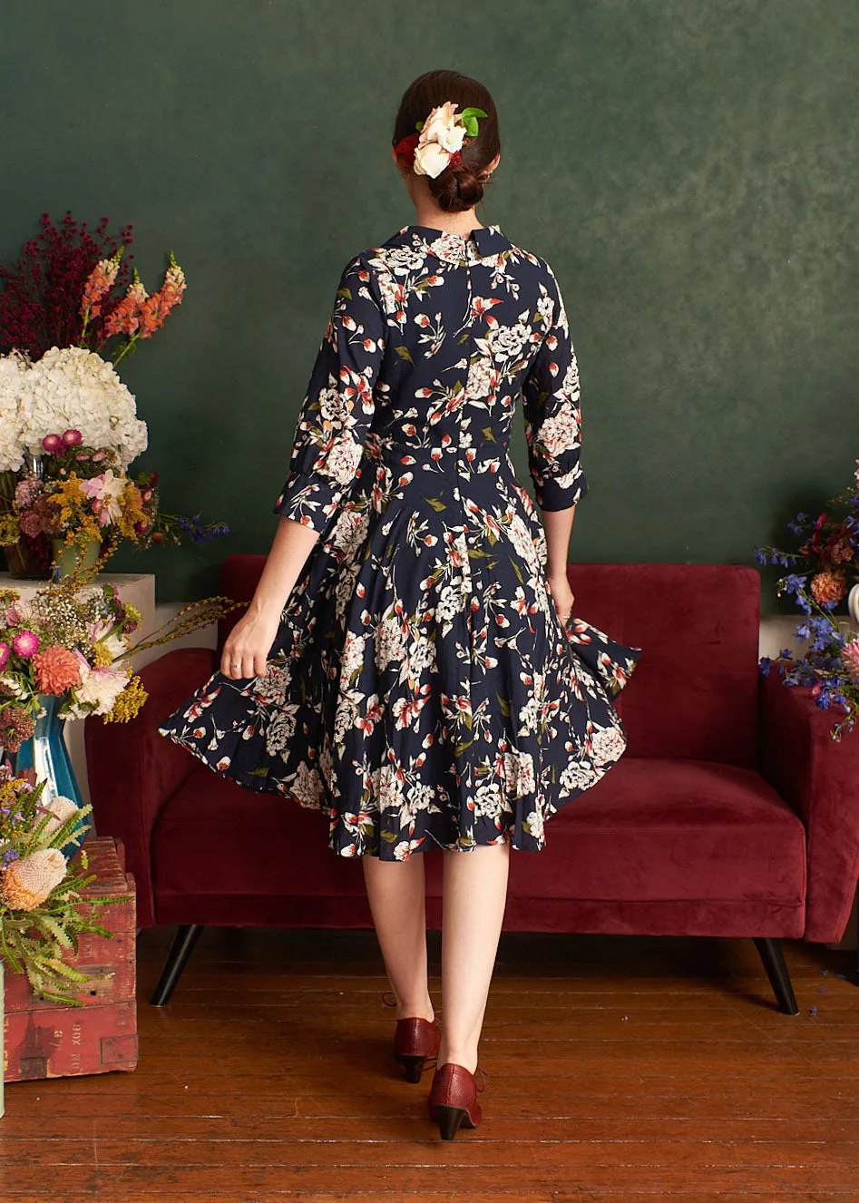 Lavender Navy & Cream Floral 3/4 Sleeve Dress