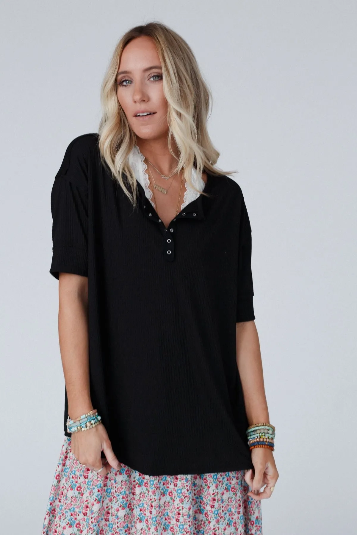 Leila Ribbed Henley Top - Black