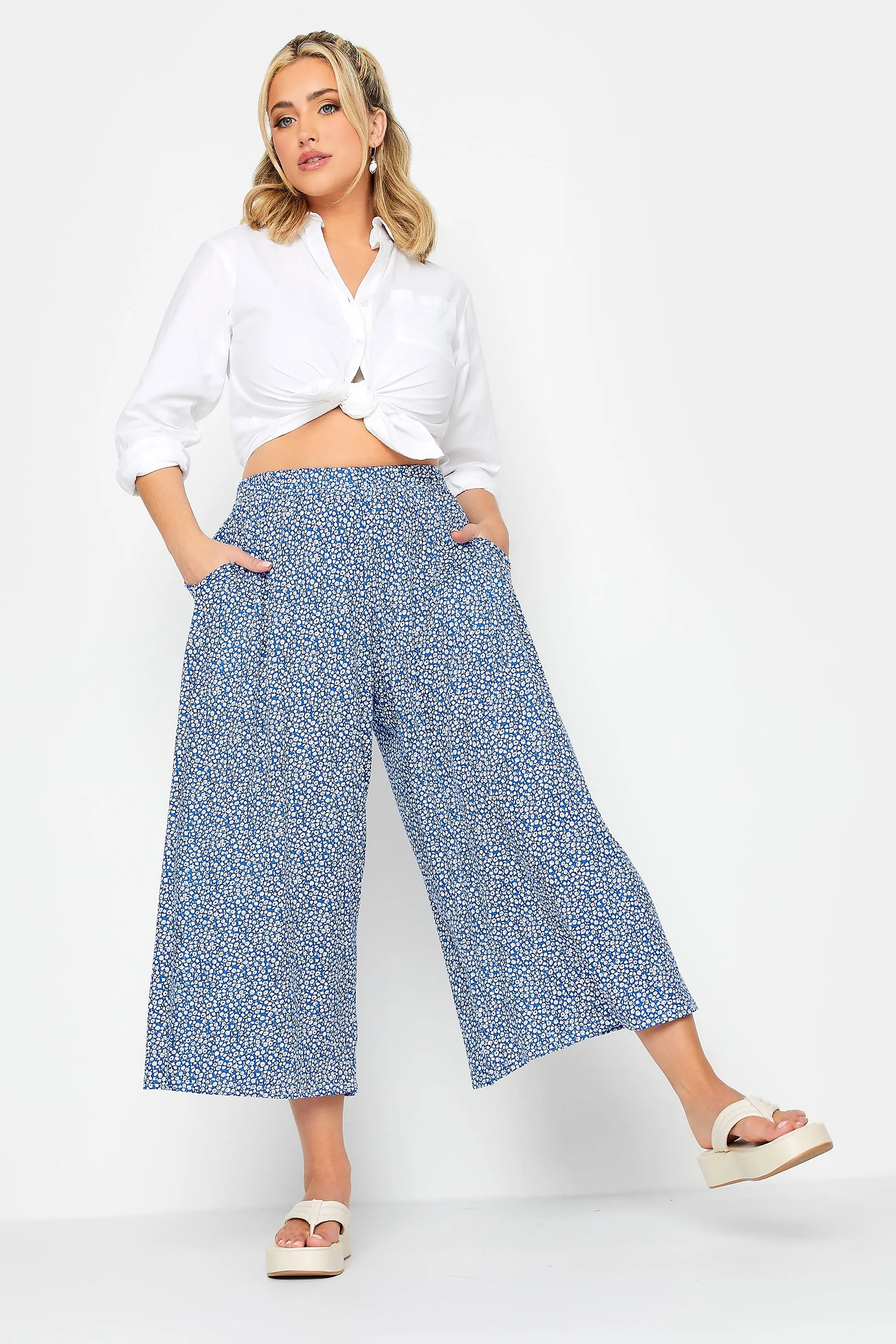 LIMITED COLLECTION Curve Blue Ditsy Print Extra Wide Leg Culottes