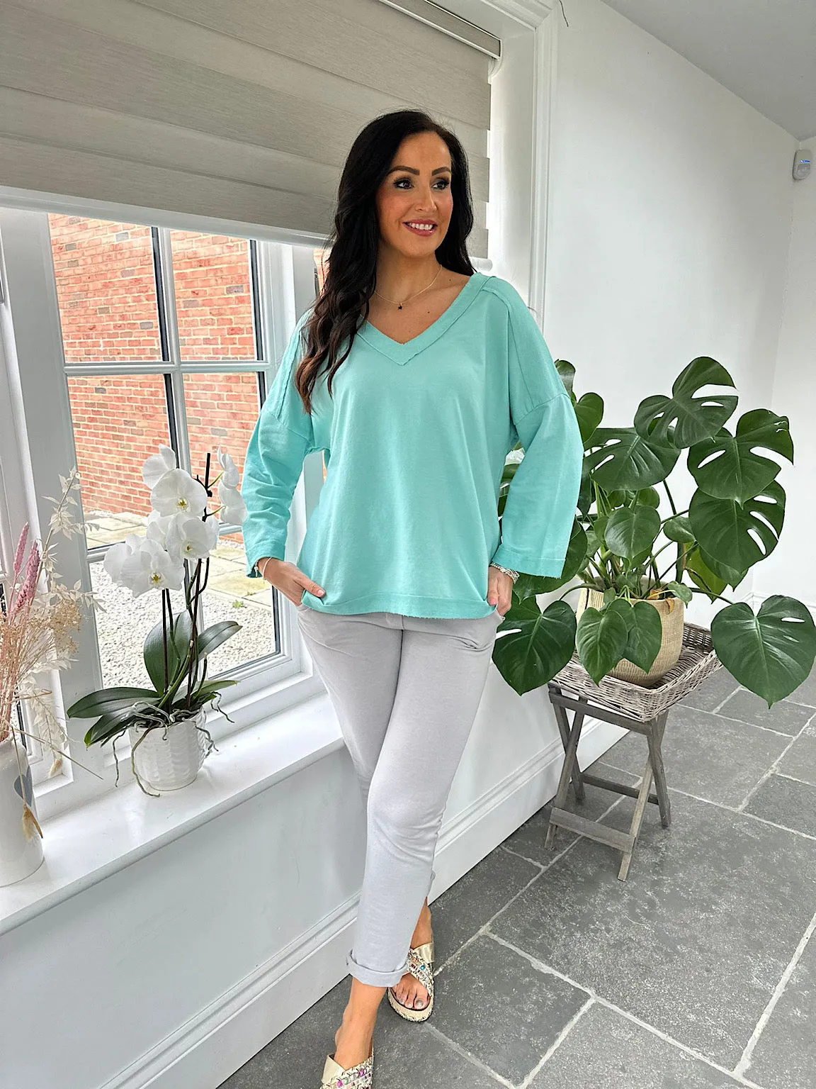 Mint Reverse Seam V Neck Sweat Top Harriet