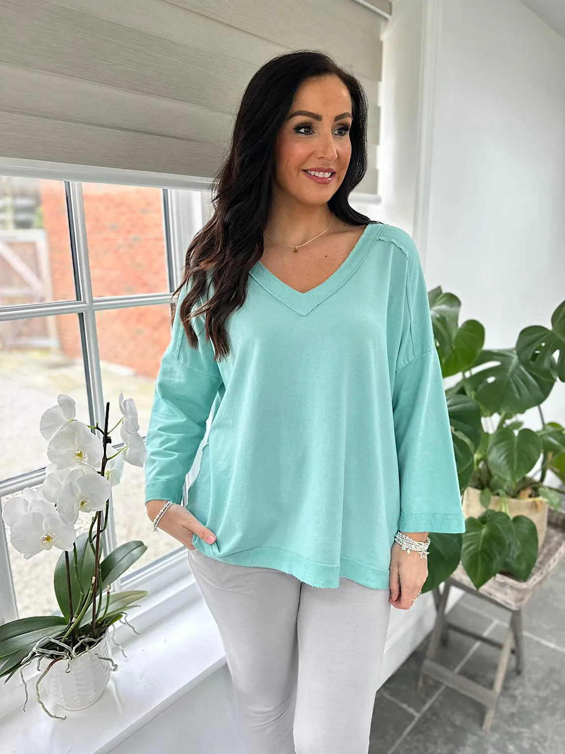 Mint Reverse Seam V Neck Sweat Top Harriet