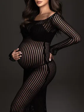 Momnfancy Elegant Black Crochet Knitwear Cutout Transparent Babyshower Maternity Photoshoot Maxi Dress