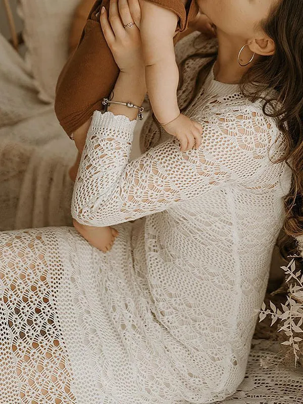 Momnfancy Elegant White Crochet Knitwear Lace Transparent Backless Tie Back Wavy Edge Babyshower Maternity Photoshoot Maxi Dress