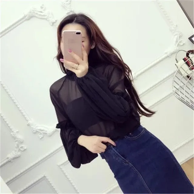 New Female Korea Style Fashion Chiffon Blouses With Wrapped Chest Sexy Shirt woman Blouse Lantern Sleeve Tops 72475 SM6